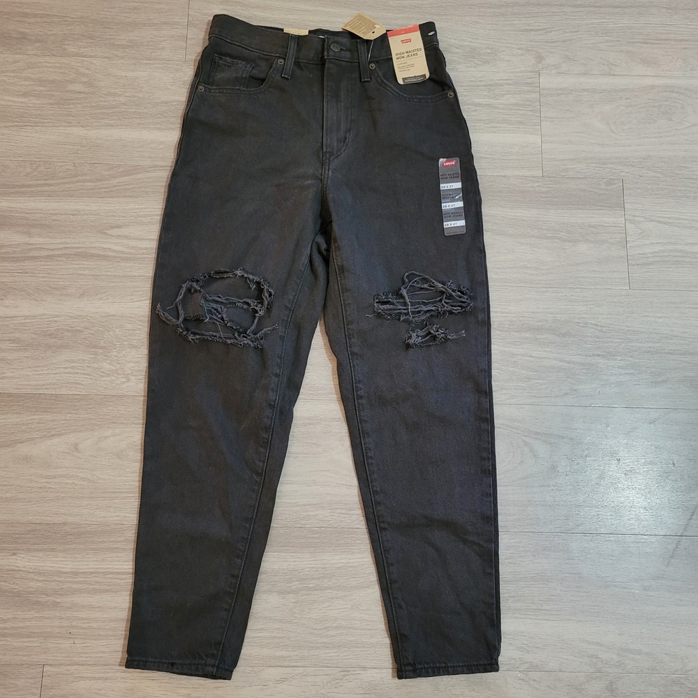 Levis High Waisted Mom Jeans Black Distressed Denim 28x27 NEW